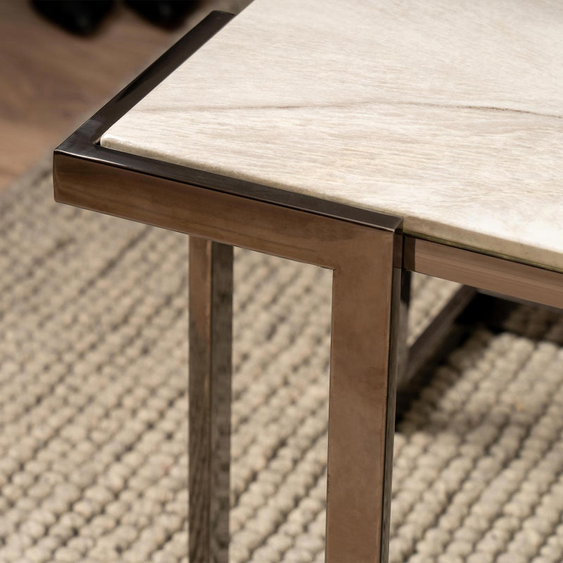 Aamari Grey Gunmetal Coffee Table with White Faux Marble Glass Top - KD