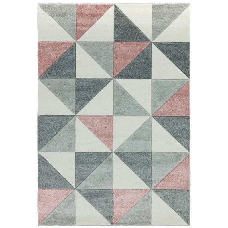 Geometric area rug with pink, grey and cream triangle pattern