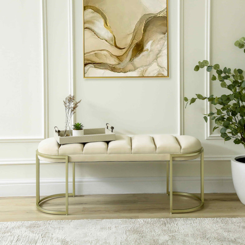 120cm Cream Velvet Tufted Bench with Champagne Legs