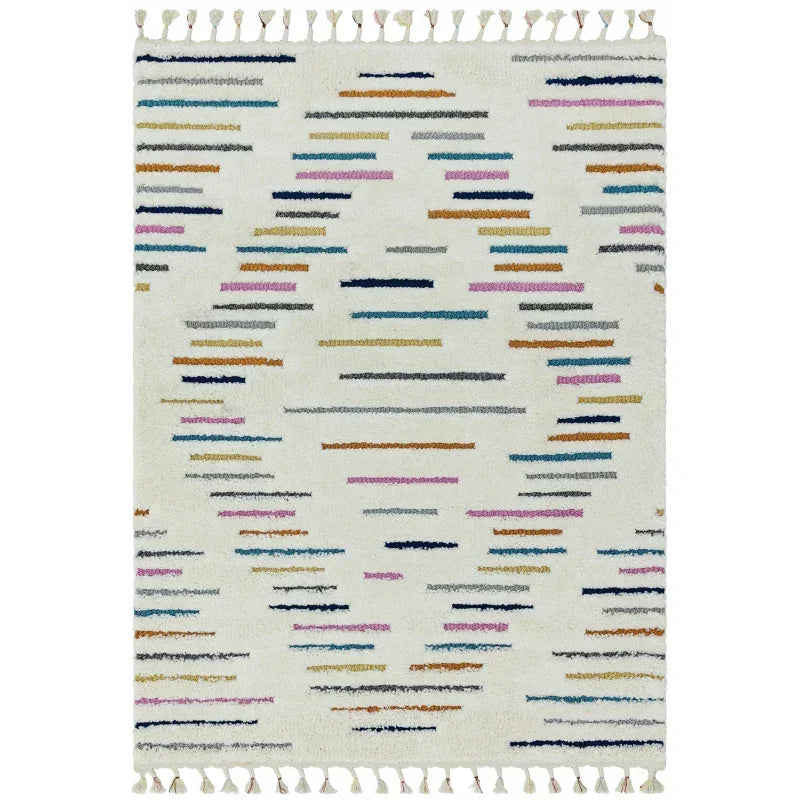 Modern cream area rug with multicolour stripes and fringe edges