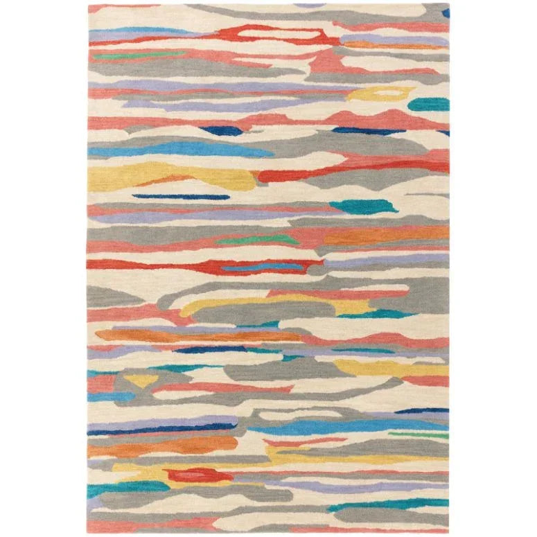 Multicoloured abstract patterned area rug with bold horizontal stripes on light background
