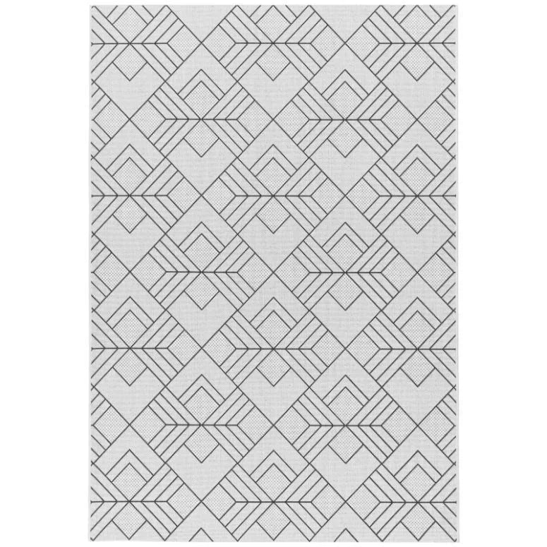 Grey geometric patterned rug with intersecting black diamond lines, top-down view