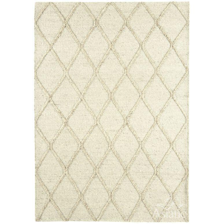 Beige area rug with textured diamond lattice pattern and natural woven finish
