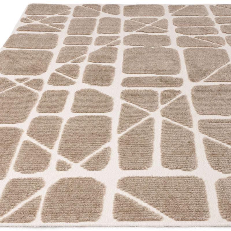 beige and cream geometric rug with textured rectangular pattern
