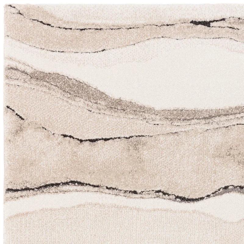 Beige abstract area rug with cream and grey wavy lines and soft textured finish