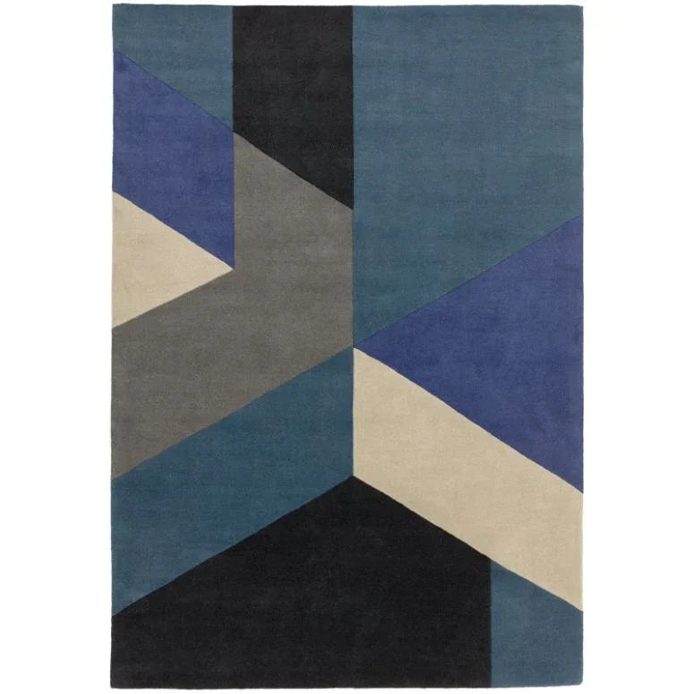 Geometric wool rug with blue, grey, black, and beige angular shapes