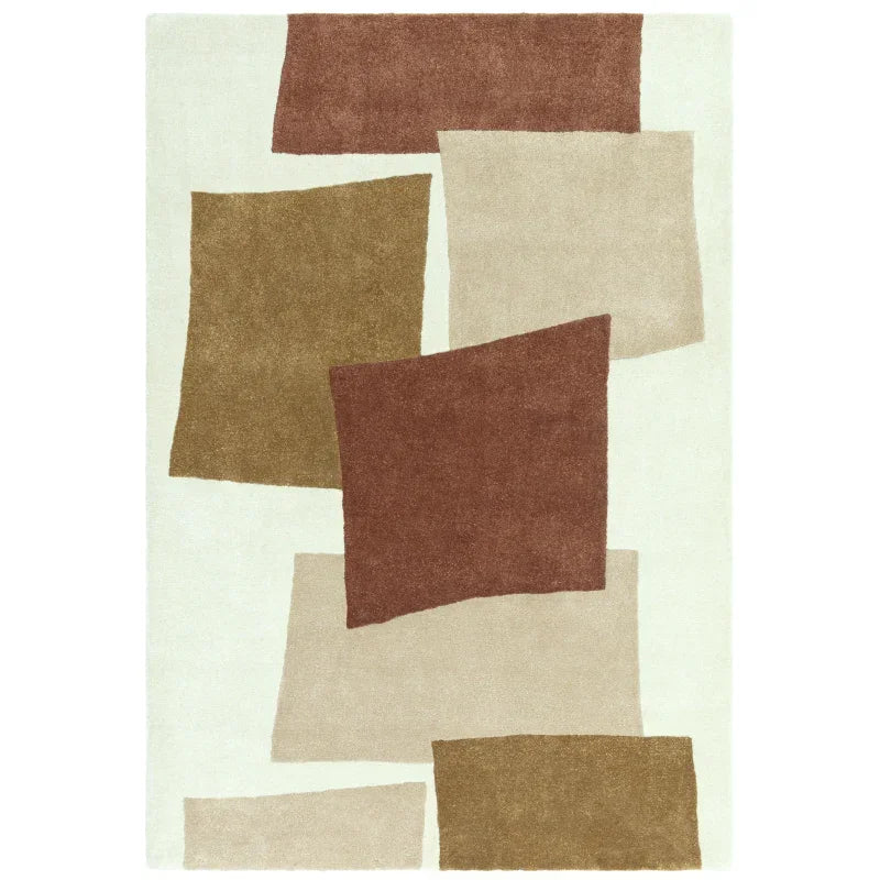 Modern area rug with abstract brown, beige, and cream geometric shapes