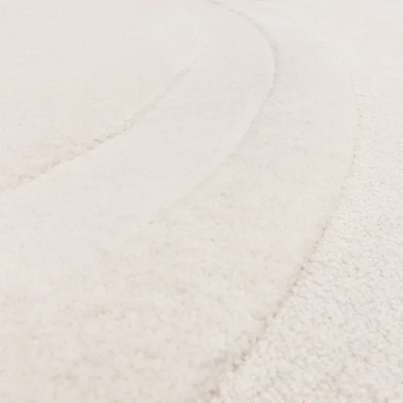Closeup of cream textured area rug with raised curved pattern