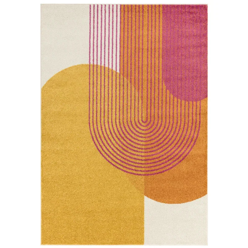 Modern geometric rug with yellow, orange, and pink abstract shapes and curved lines