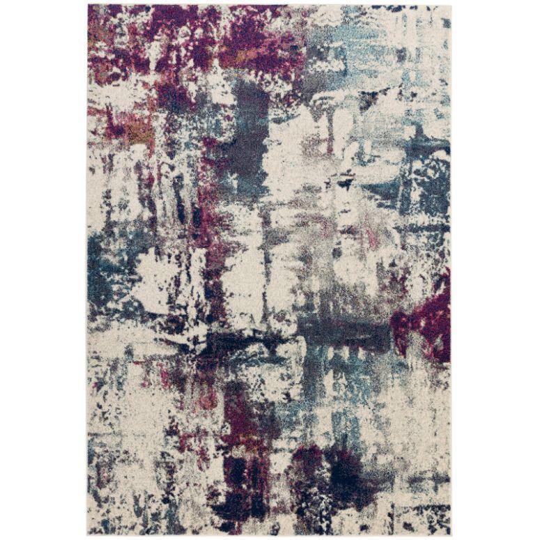 Abstract area rug with blue, cream, and burgundy brushstroke pattern