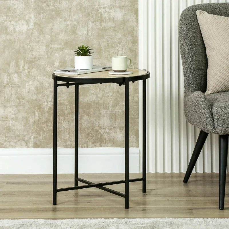 55cm Black Metal End Table with Travertine Marble Top