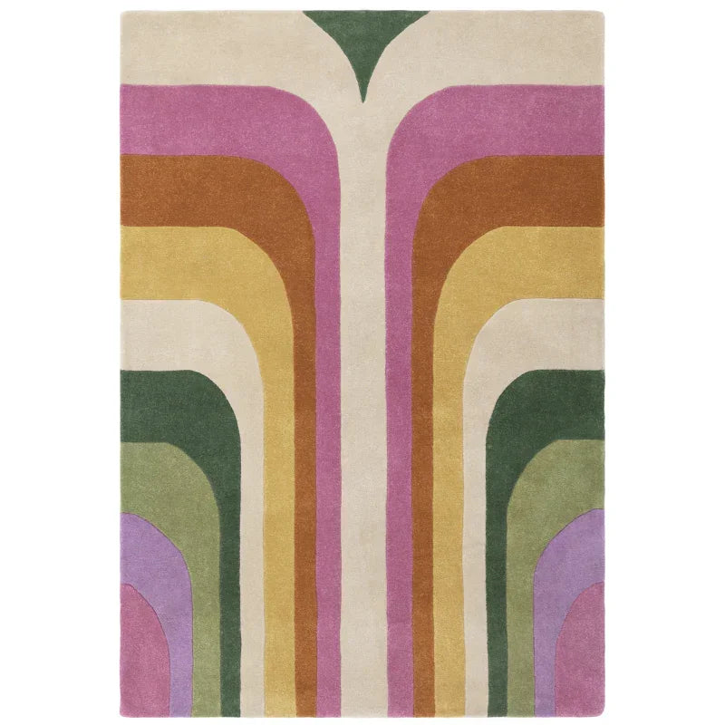 Retro area rug with multicolored arch pattern in beige, green, yellow, purple and orange tones