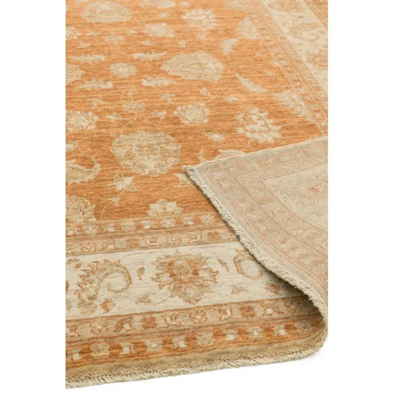 Terracotta and cream patterned area rug with floral border and corner detail visible