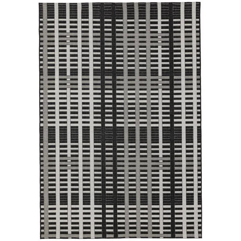 Black and grey checkered area rug with modern geometric pattern