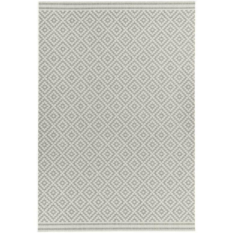 Grey geometric pattern area rug with diamond design and subtle border detail