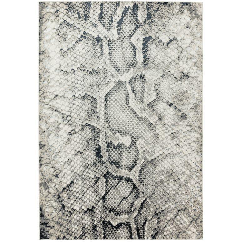 Grey and cream snake print rug with textured pattern and rectangular shape