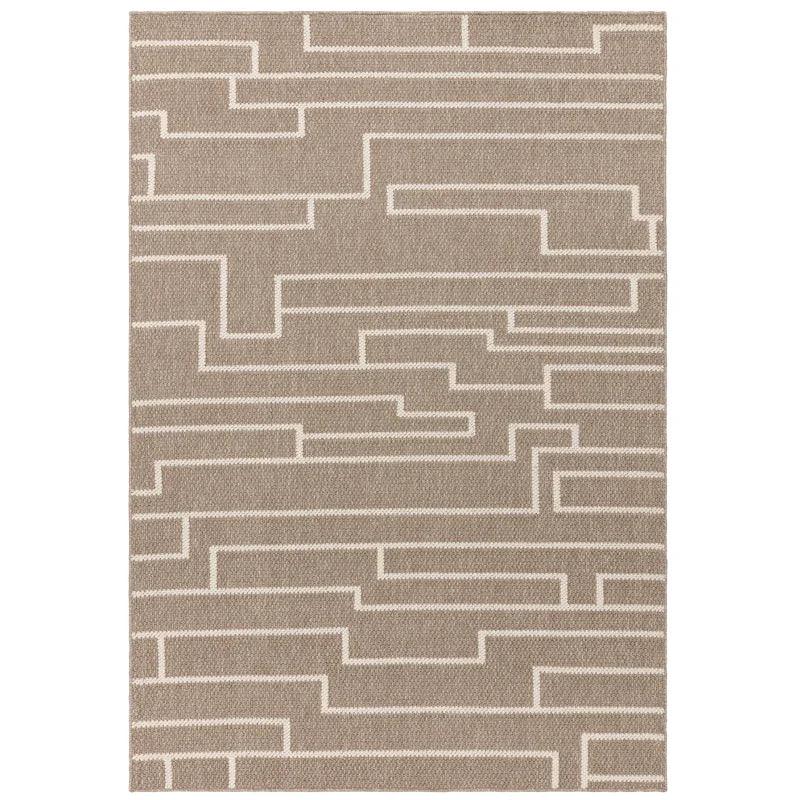 Beige modern area rug with white geometric line pattern, flatwoven texture, top view