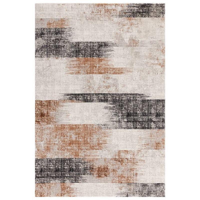Modern area rug with distressed brown and black stripes on a beige background
