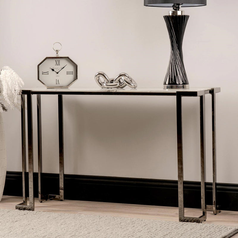 Aamari Grey Gunmetal Console Table with White Faux Marble Glass Top - KD