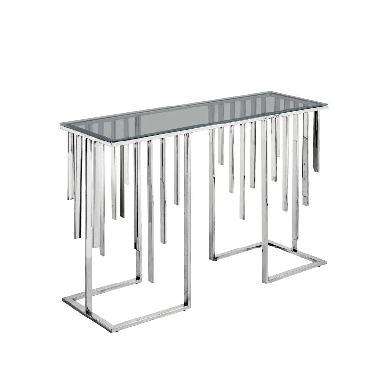 Owen Chrome Metal Console Table with Smoke Glass Top