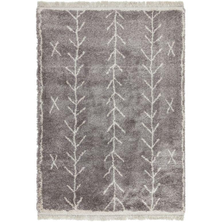 Grey shaggy rug with white geometric lines and fringe border, top view