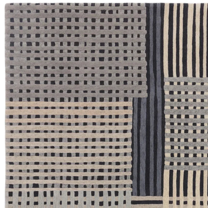 Modern geometric area rug with grey and beige striped and grid patterns