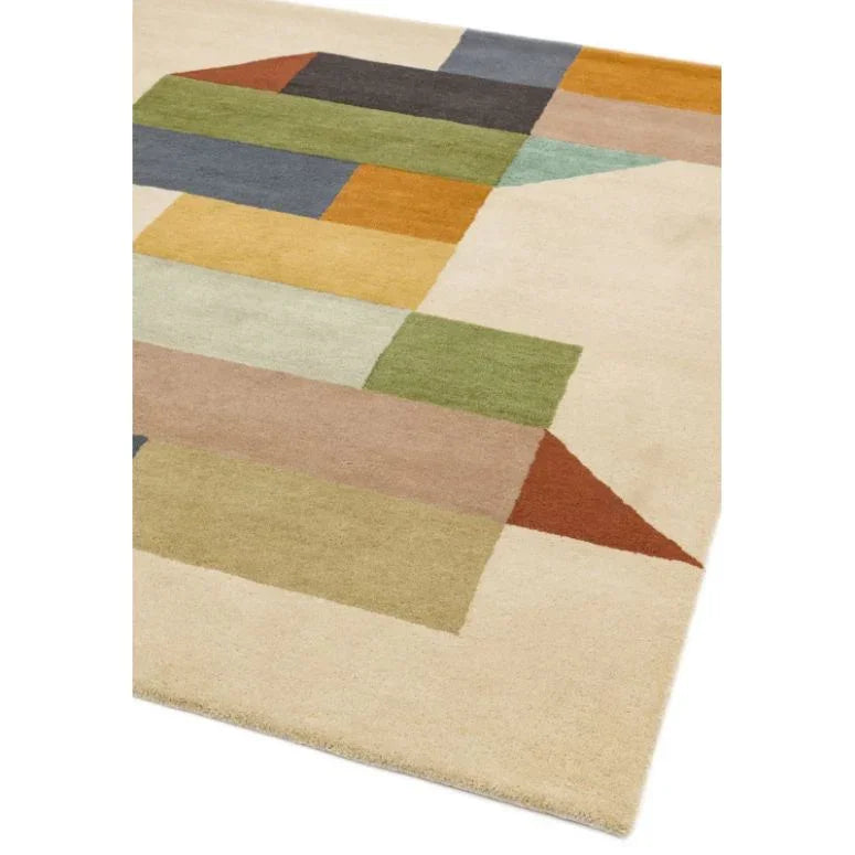 modern geometric area rug with multicolored rectangular pattern on cream background