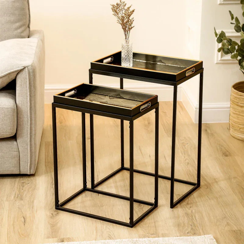 Set of 2 Antique Gold Leaves Nesting Table