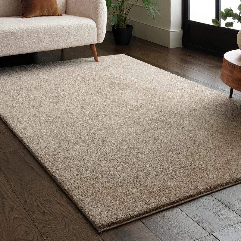 Beige living room rug on dark wooden floor beside cream sofa and indoor plant