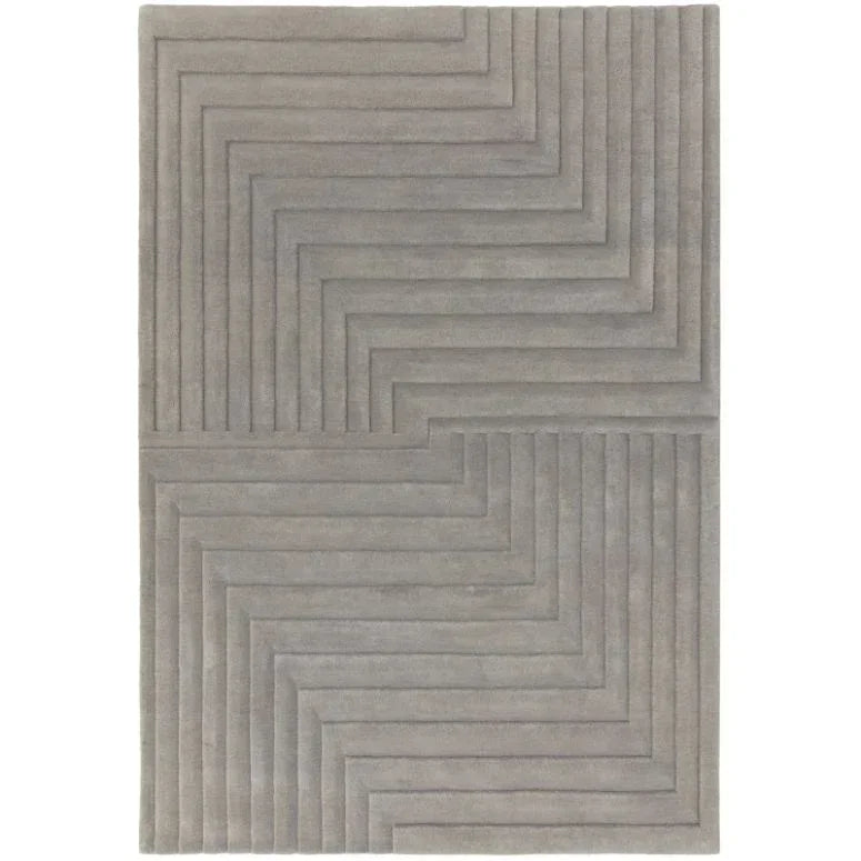 Grey textured rug with geometric linear pattern and raised detail