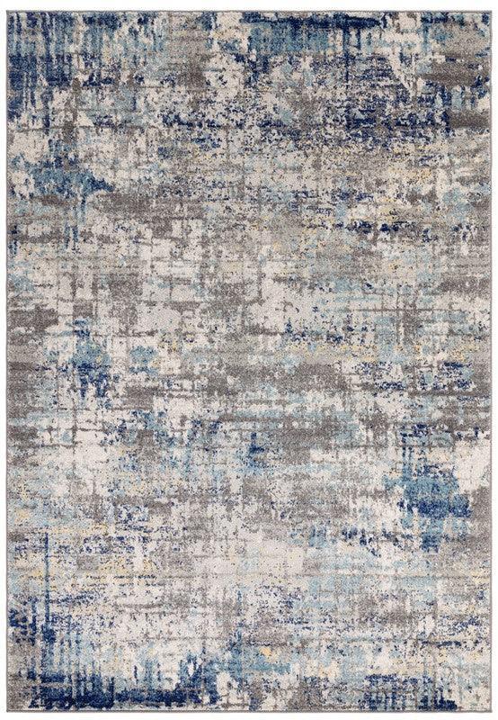 Abstract blue and grey area rug with modern distressed pattern