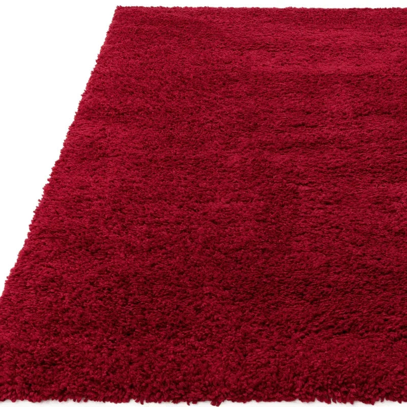 Red shaggy rug with thick pile texture and rectangular corner view