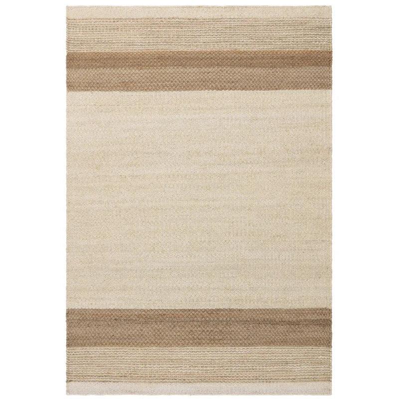 Beige wool rug with brown stripes at both ends, flatwoven for modern living room decor