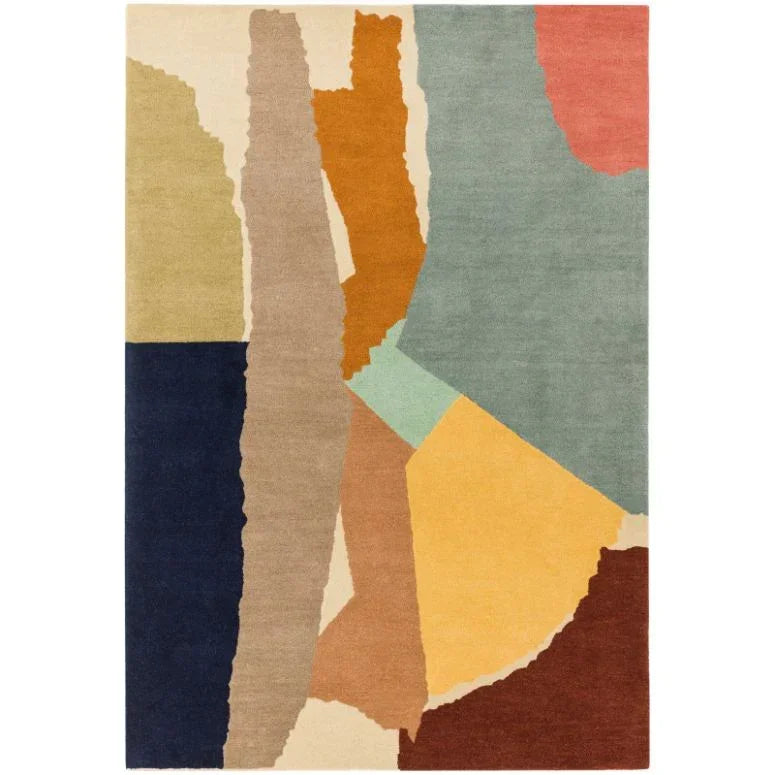 Abstract multicolour rug with bold geometric shapes in blue, green, yellow, and rust tones