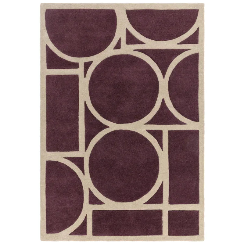 Purple geometric rug with beige border and abstract circle pattern