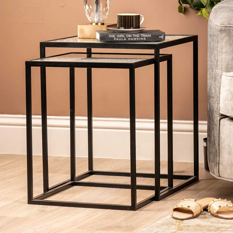 Set of 2 Black Metal Nesting Tables with White Spiral Top