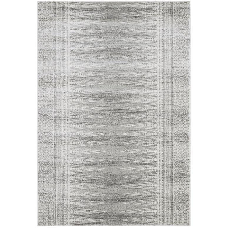 Grey area rug with geometric pattern and textured border design