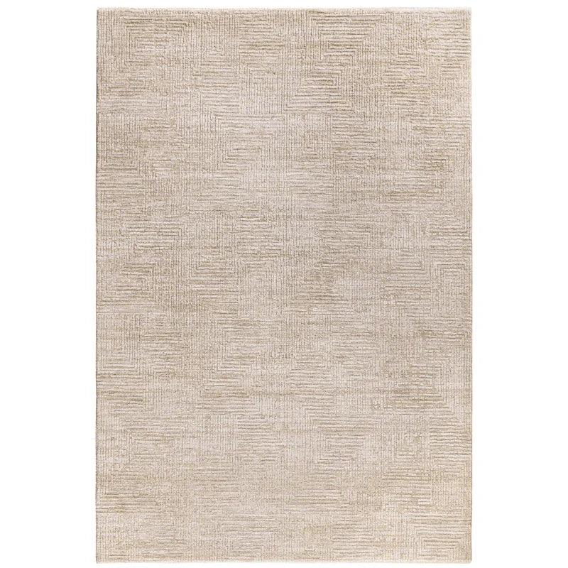 Beige textured area rug with geometric pattern and subtle square detailing