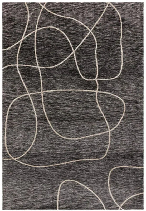 Dark grey area rug with light abstract line pattern, modern living room rug design