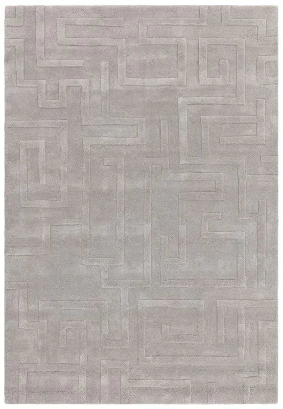Light grey rug with geometric maze pattern and textured surface, photographed from above