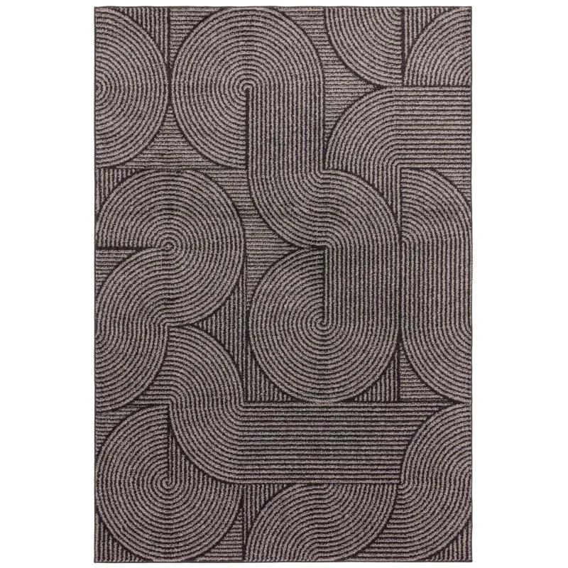 Grey geometric rug with curved linear pattern and modern abstract design