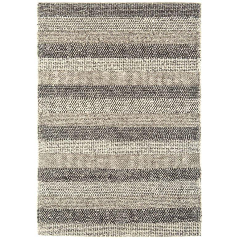 Neutral striped wool rug with textured weave in grey and beige tones