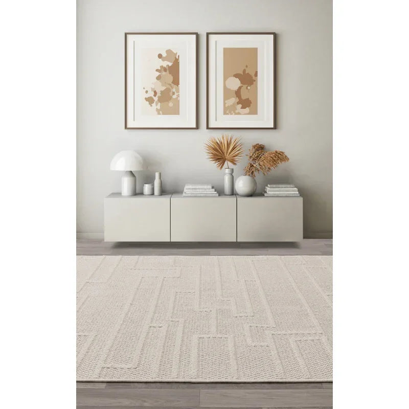 Textured cream rug on wood floor in modern living room with low sideboard and art prints