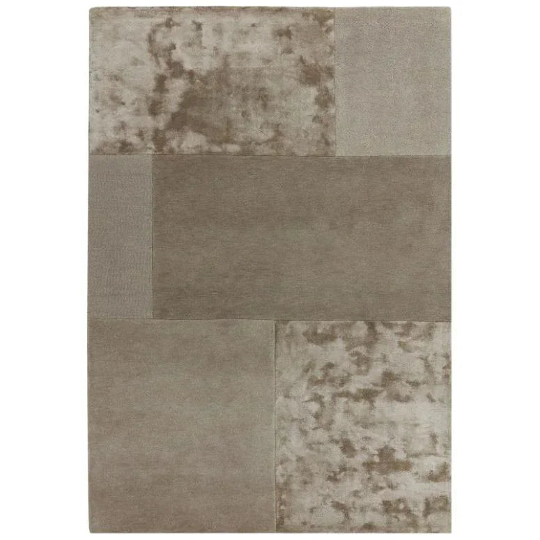 Beige geometric rug with textured blocks and plush pile, shown from overhead angle