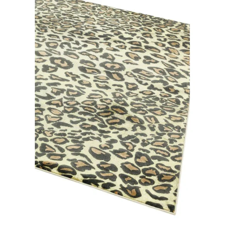 leopard print area rug with beige and brown pattern, corner view on white background