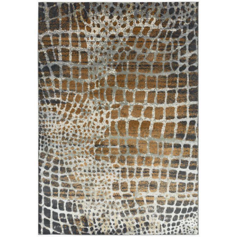 Brown and grey geometric area rug with abstract grid pattern
