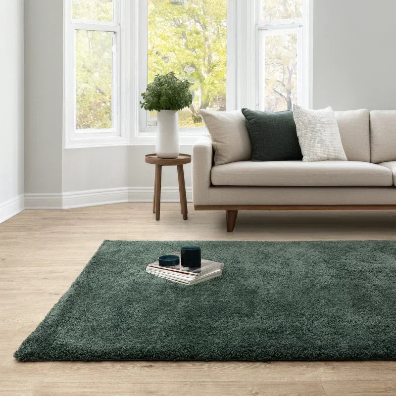 Green shaggy rug on wood floor in living room with cream sofa and bay window