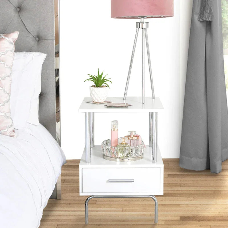 Charlotte White & Chrome 1-Drawer Bedside Cabinet - DSP