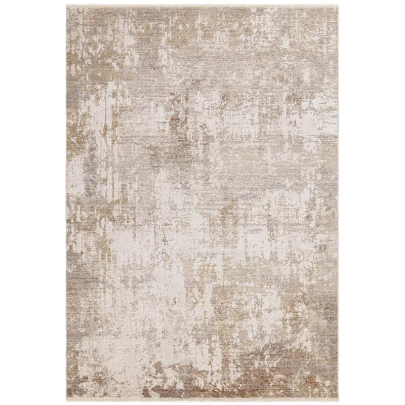 Beige and cream abstract area rug with textured pattern, rectangular shape