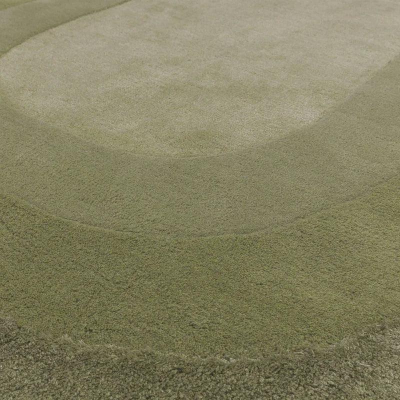 Close-up of green area rug with raised textured border and soft pile surface